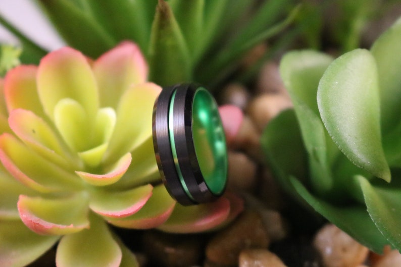 Green Tungsten Wedding Band, Black Tungsten Ring, Men & Women, Tungsten Carbide Ring, Anniversary Ring, Black Tungsten image 3