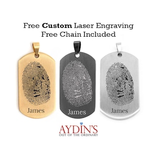 May include: Three metal dog tag pendants with fingerprint designs. One is gold-toned, one is black, and one is silver. Each tag has the name "James" engraved at the bottom. The text "Free Custom Laser Engraving Free Chain Included" is at the top.