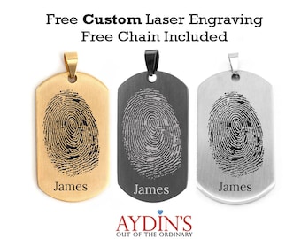 Personalized Finger Print Brushed Finished Dog Tag w/ Name - Laser Engraved Finger Print Dog Tag