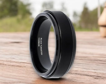 Black Tungsten Spinner Ring - Brushed Finish with Polished Base - Spinning Band - Modern Comfort Fit - 6mm & 8mm Widths