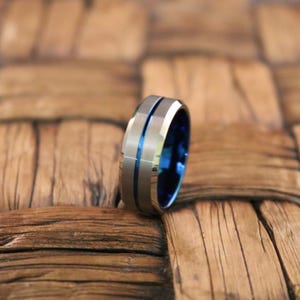 Blue Tungsten Wedding Band, Silver Brush Tungsten Ring, Men & Women, Tungsten Carbide Ring, Anniversary Ring, Blue Grooved Tungsten image 1