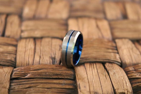 Blue Tungsten Wedding Band, Silver Brush Tungsten Ring, Men & Women, Tungsten Carbide Ring, Anniversary Ring, Blue Grooved Tungsten