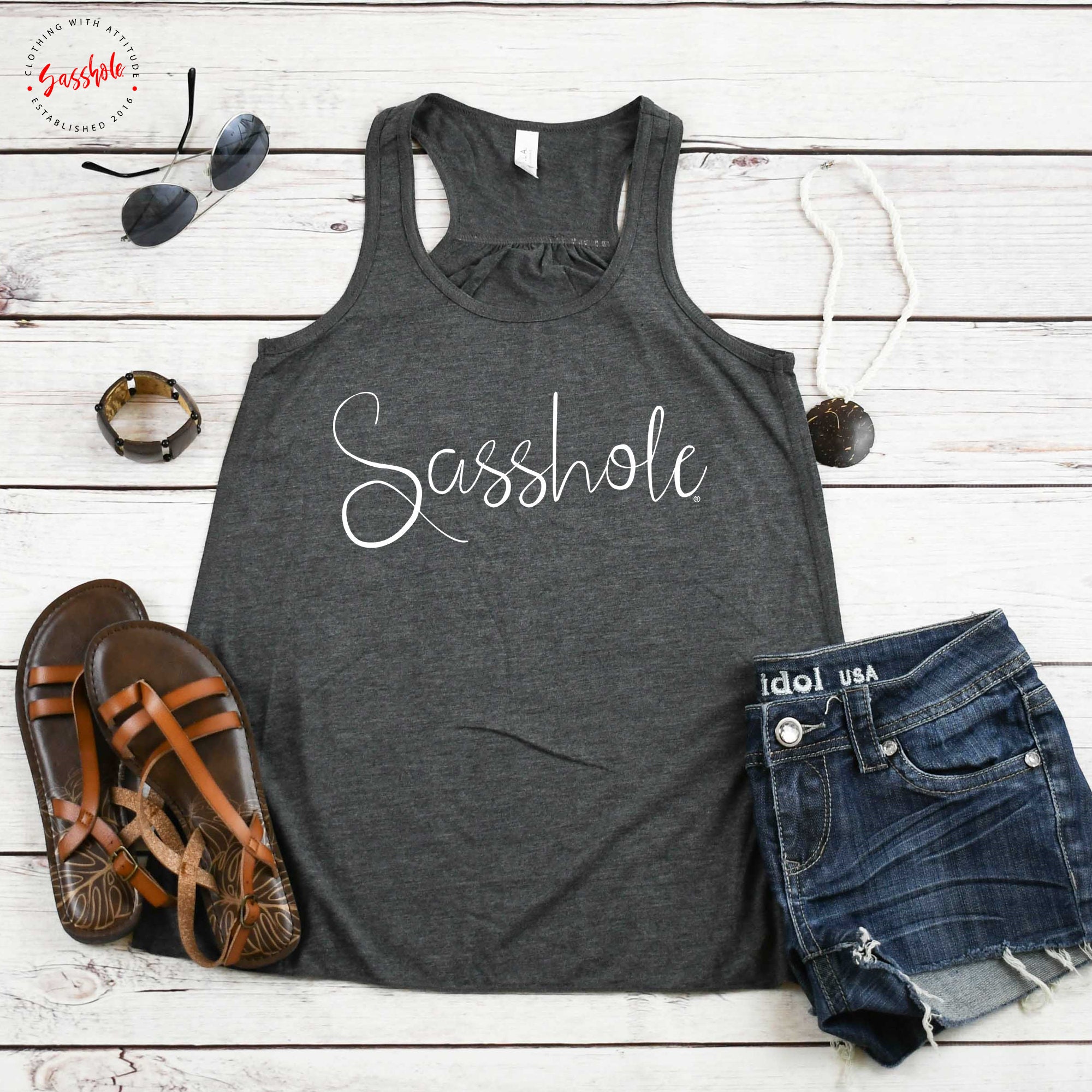 Sasshole® Dark Grey Heather Flowy Racerback Tank Top Graphic | Etsy