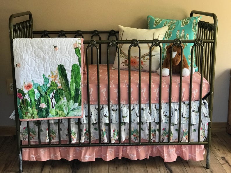 Bohemian Peach Cactus Cow Skull Nursery Bedding Quilt Set Etsy