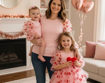 Valentine's Day Girl Dress: Pink Heart Tulle Tutu, matching mom shirt