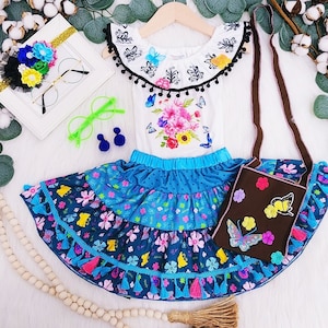 Girls birthday Outfit Mexican Princess floral girl costume glasses , Mexican floral blue skirt Halloween Dress outfit earrings