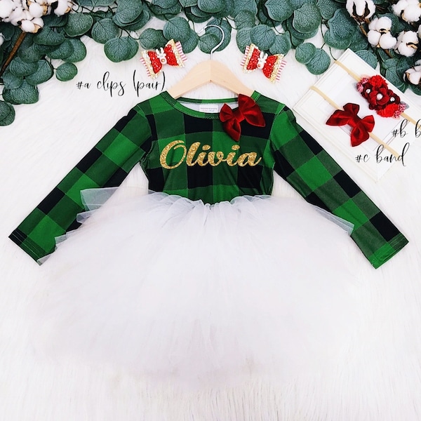 NEW- Christmas girl dress, Christmas green buffalo baby girl dress, buffalo plaid toddler dress, girl fluffy green tutu dress