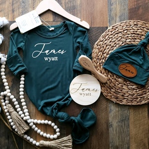 Bamboo Baby Knotted Gown: Green Newborn Outfit, Personalized Hat