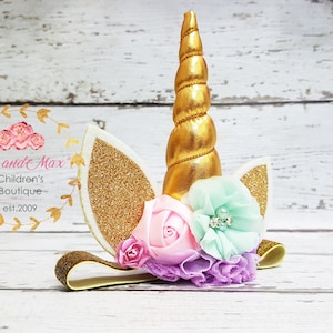 Unicorn headband, pastel colors and gold unicorn headband, unicorn party headband, gold glitter elastic unicorn headband image 1