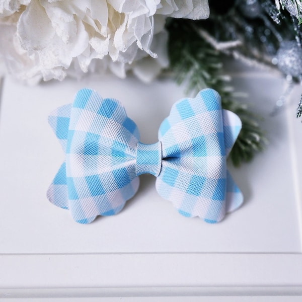 Blue Gingham bow clip blue gingham leather bow alligator clip Dorothy bow clip Dorothy costume bow alligator clip