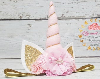 Pink and gold Unicorn headband, Unicorn headband, unicorn party headband, gold glitter elastic unicorn headband, peachy pink gold unicorn