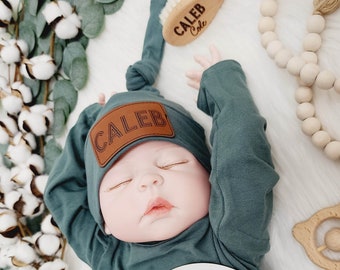 Personalized leather patch baby hats, Vegan leather patch Knotted baby hats, Knotted Newborn Hats, patch baby cap