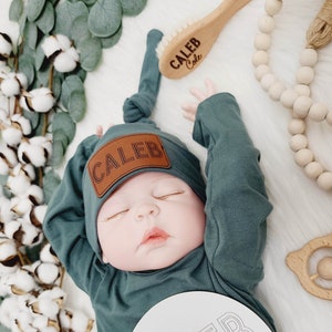 Personalized Knotted Baby Hat: Engraved Vegan Leather Patch