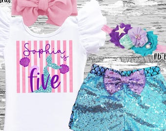 Mermaid Birthday Outfit: Any Age - Scale Sequin Shorts Set & Starfish Headband