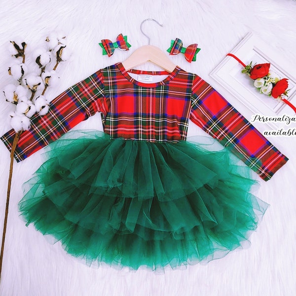 NEW- Christmas girl dress, Christmas plaid Tartan baby girl dress, buffalo plaid toddler dress, girl fluffy green tutu dress