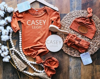 Bamboo Baby Gown Set: Personalized Knotted size 0-3 Outfit, Newborn, Hat & Headband, Maternity robes
