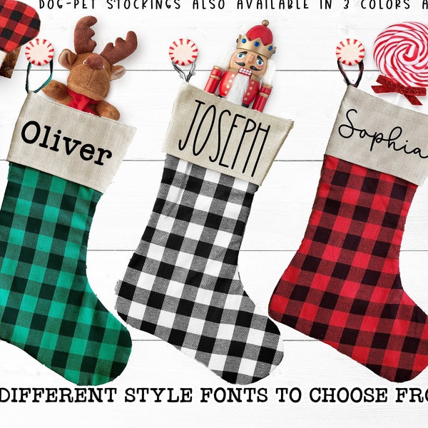 Personalized Christmas Stockings Canvas Plaid Buffalo Check Stockings Dog Pet Christmas gift Stockings Red Black White Green Black Stockings