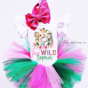 Two Wild Birthday Outfit: Safari Animals, Rainbow Tutu, Headband, white tops,