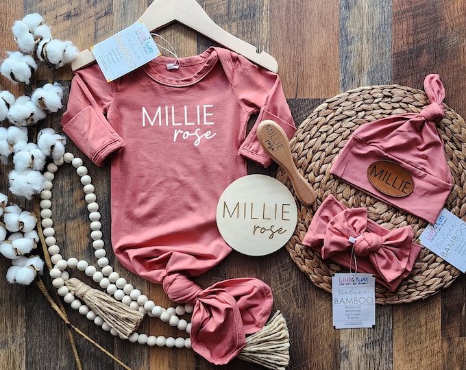 Coral Bamboo Baby Gown: Knotted Hat, Headband, Maternity Robe, Brush, name disc