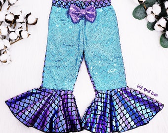 Mermaid sequin bell pants, mermaid baby pants mermaid scale sequin toddler pants, mermaid Halloween kids pants, 1st birthday mermaid pants