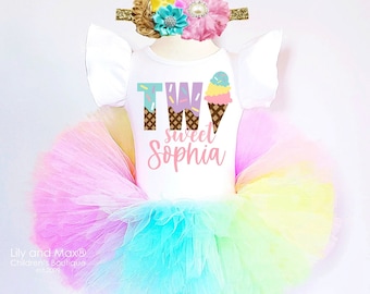 Ice Cream Two Sweet 2nd Birthday Outfit: Rainbow Tutu, Leotard & Headband