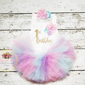 1st Birthday girl Outfit, pink aqua lavender birthday tutu, 1st birthday Romper, pastel birthday set, 1st birthday unicorn smash cake outfit image 1