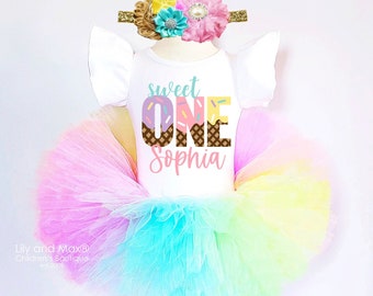 Sweet One 1st Birthday Outfit: Rainbow Tutu, Ice cream Donut leotard, bodysuit or shirt