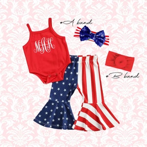 4th of July girls outfit, little miss USA girl outfit, Patriotic monogrammed bell pants outfit, first fourth girls flag pants outfit