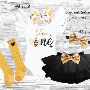 Bee 1st Birthday Outfit: Leotard, Black gold Tutu Bloomer, Headband