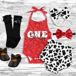 Farm Cow 1st Birthday Outfit: Halter Romper, Bow Headbands & Bloomer Set