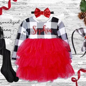 Christmas baby girl dress, Personalized buffalo plaid Christmas girls dress, Monogrammed buffalo plaid toddler dress, girl fluffy tutu dress
