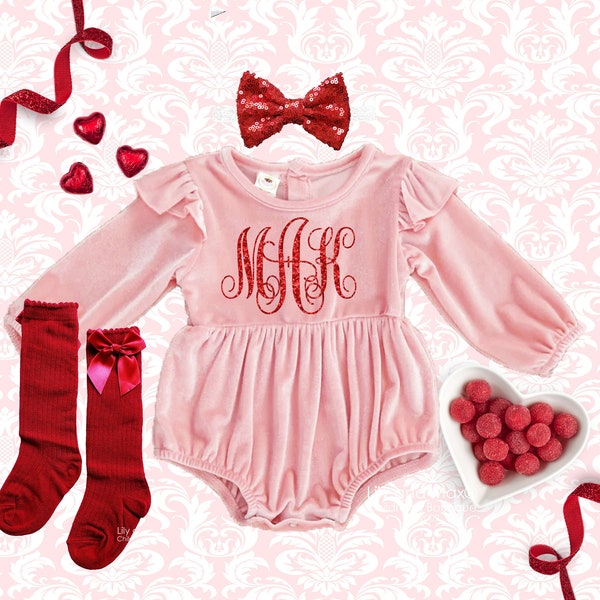 Valentine's day velvet girl Outfit, Monogrammed romper, Valentine baby girl outfit, Personalized baby girl Valentine outfit,red romper girls