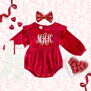 Valentine's day velvet girl Outfit, Monogrammed romper, Valentine baby girl outfit, Personalized baby girl Valentine outfit,red romper girls