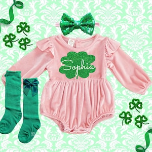 St.Patrick's day velvet girl Outfit, Monogrammed romper, St.Patrick's baby girl outfit, Personalized baby girl St.Patrick's outfit, romper