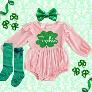 St.Patrick&#39;s day velvet girl Outfit, Monogrammed romper, St.Patrick&#39;s baby girl outfit, Personalized baby girl St.Patrick&#39;s outfit, romper