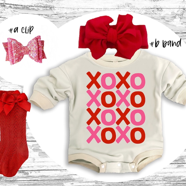 XOXO Valentine's Day Baby Outfit: Romper, Bow Clip, Headband & Socks