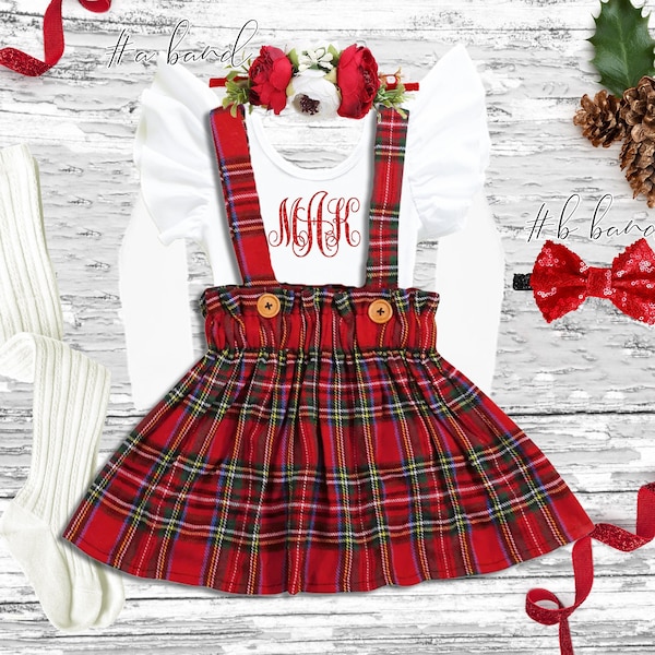 Christmas Plaid Girl Outfit, Personalized Christmas girl tartan suspender skirt set, Monogrammed Christmas girl outfit Christmas girl outfit