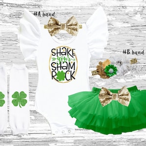 1st St.Patrick&#39;s Day  girls outfit, first St. Patty&#39;s girls tutu bloomer outfit, shamrocks girls smash cake outfit, flutter sleeve leotard