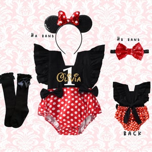 1er anniversaire de fille tenue, barboteuse de souris, 1er anniversaire tenue de bébé fille souris, costume de souris bébé fille rouge à pois, barboteuse souris filles