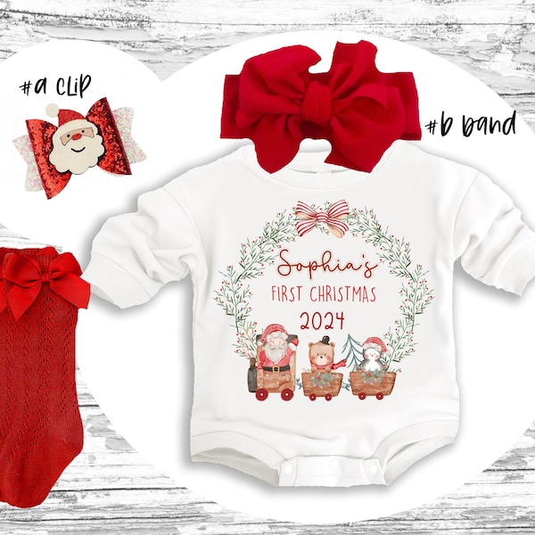 Christmas Baby Outfit: Retro Romper, Bow Clip, Headband & Socks