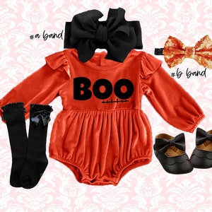 Halloween Baby Outfit: Burnt Orange Velvet Romper, Headbands & Socks