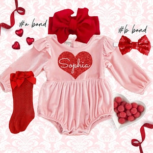 Valentine's day velvet girl Outfit, Monogrammed romper, Valentine baby girl outfit, Personalized baby girl Valentine outfit,red romper girls