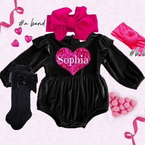 NEW-Valentine's day velvet heart girl Outfit, Black Monogrammed romper, Valentine baby outfit, Personalized baby girl Valentine outfit