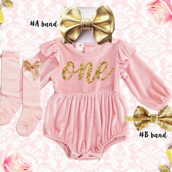 1st birthday velvet girl Outfit, Pink and gold birthday romper, 1st birthday baby girl outfit, Personalized baby girl birthday outfit