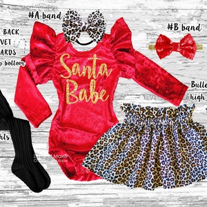 1st Christmas Girl Outfit, Christmas red velvet baby girl outfit,Santa Babe leotard girl outfit,Christmas red leotard and leopard girl skirt