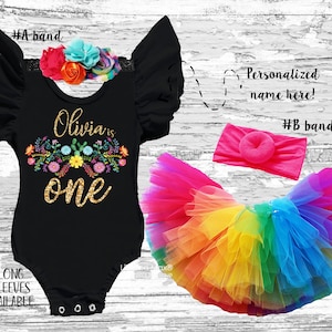 1st Birthday Mexican Fiesta Outfit: Floral Bodysuit, Tutu, Headband