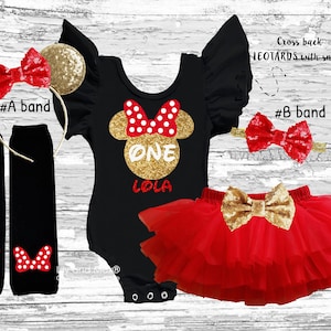Mouse Birthday Girl Outfit: Red & Gold Leotard, Tutu, Headband