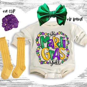 Mardi Gras Baby Outfit: Romper, Bow, Socks & Clip Set