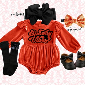 Halloween Baby Romper Outfit – Spooky Vibes Velvet, Headbands & Socks