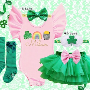 1st St.Patrick&#39;s Day girls outfit, first St. Patty&#39;s girls tutu bloomer outfit, shamrocks girls smash cake outfit, flutter sleeve leotard